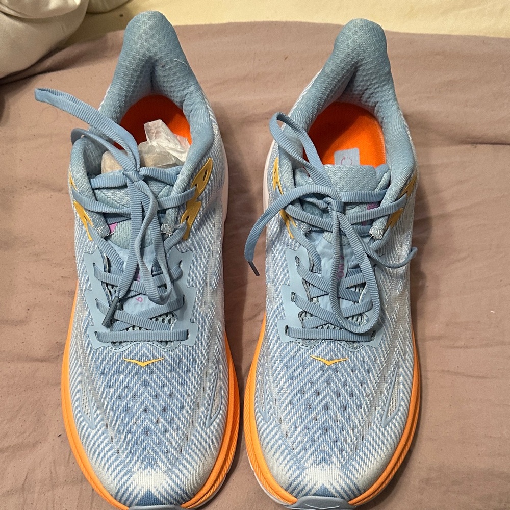 Hoka Light Blue and Orange Athletic Shoes